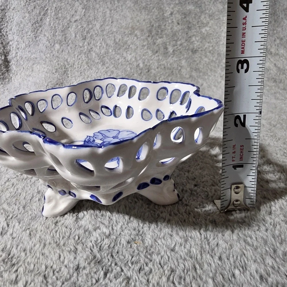 Vintage Blue And White Trinket Dish Floral Design
